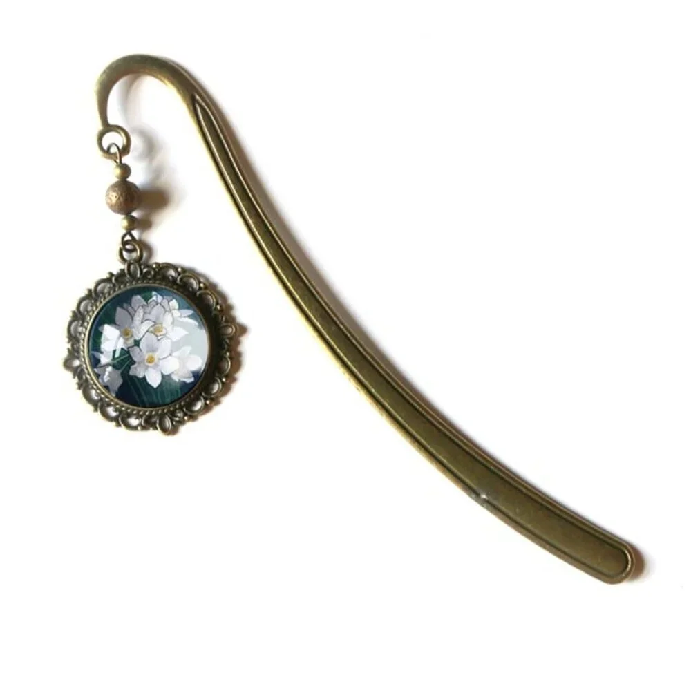 Paperwhite Narcissus‎ Flowers Bookmark - Vintage Bronze & Glass Floral Book Hook